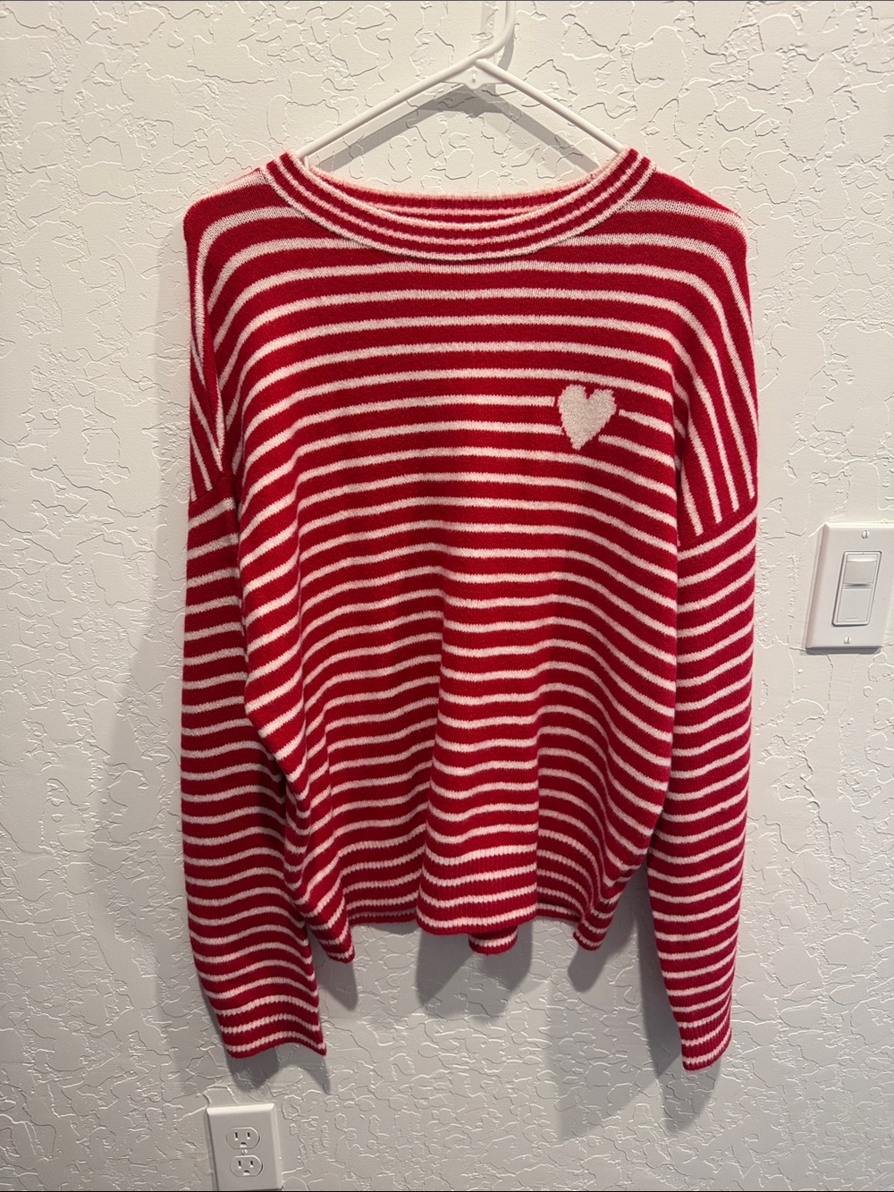 A New Day Striped Red and White Heart Crewneck Sweater - Women